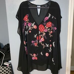 Torrid asymmetrical floral black sheer top
